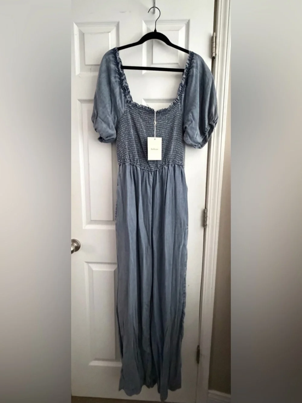 bohme Light Blue Smocked Jumpsuit with Puff Sleeves - Picture 1 of 5